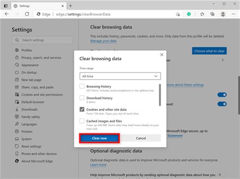 Rozhranie Microsoft Edge pre mazanie cookies
