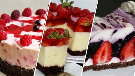 Koláž rôznych ovocných a čokoládových nepečených cheesecakov