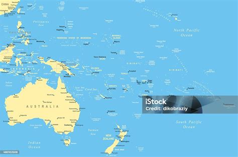 Mapa Oceánie s rozdelením na Melanéziu, Mikronéziu a Polynéziu