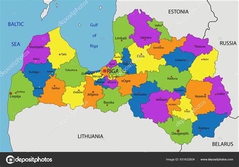 Mapa Lotyšska s vyznačenými mestami klubov Virsligy