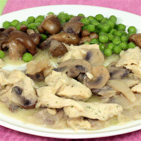 Ilustračná fotografia jedla kuracie mäso so šampiňónmi a hráškom