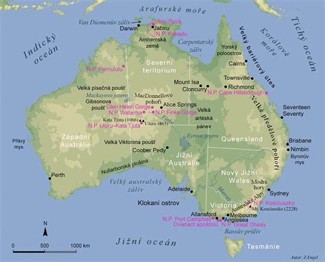 Mapa Austrálie a Nového Zélandu s vyznačenými mestami