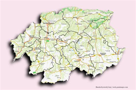 Mapa Banskobystrického kraja s vyznačenými mestami s obľúbenými zmrzlinárňami