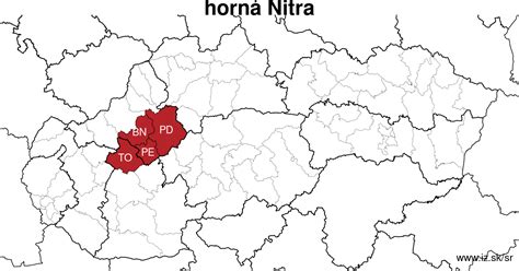 Mapa regiónu Hornej Nitry s vyznačenou oblasťou Handlovej a Prievidze