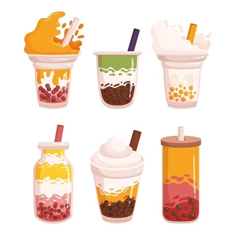 Ilustrácia rôznych druhov Bubble Tea s tapiokovými perlami a želé