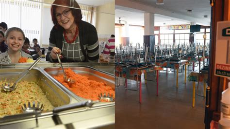 Školská jedáleň s obedom plným ovocia a zeleniny