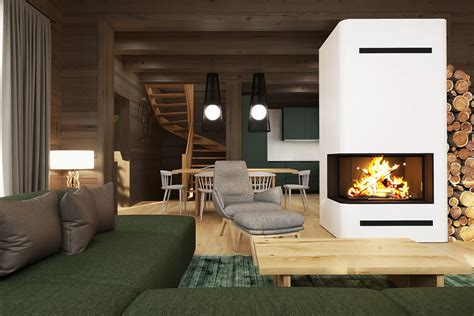 Interiér kaviarne s krbom a terasou