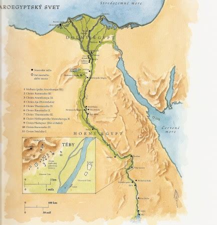 Mapa starovekého Egypta s vyznačenými oblasťami pestovania obilia