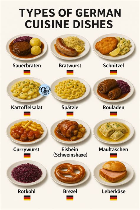 Koláž populárnych nemeckých jedál: Bratwurst, Brezel, Schnitzel, Currywurst