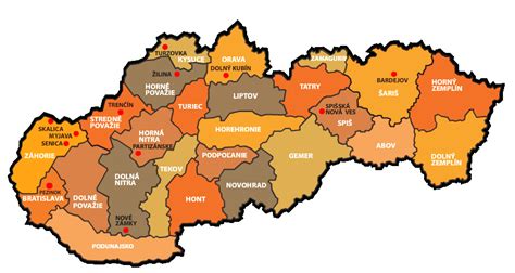 Mapa Slovenska s vyznačenými regiónmi Liptov, Orava a Gemer