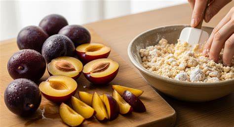 Vrstvenie sliviek a posýpky na koláči