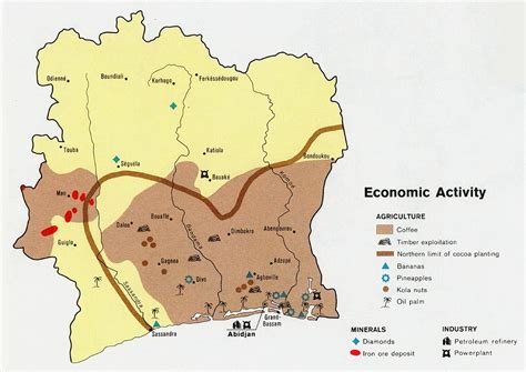 Mapa Pobrežia Slonoviny s vyznačenými oblasťami pestovania kakaa